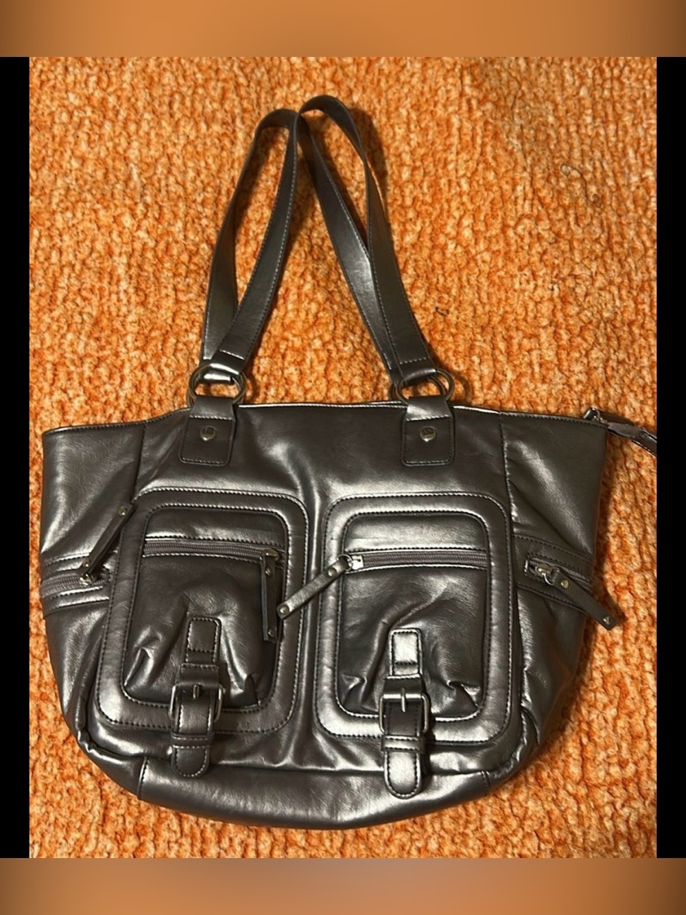 Metallic Pewter Faux Leather Multi-Pocket Shoulder Tote Bag